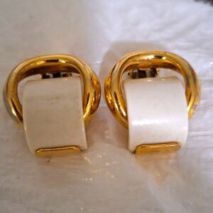 Women's Vintage Clip Back Earrings Unique White and Gold Enameled